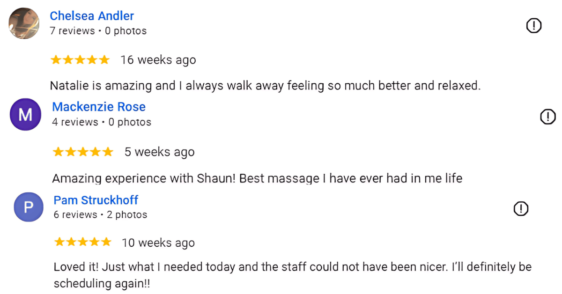 This is an image of three swedish massage reviews.